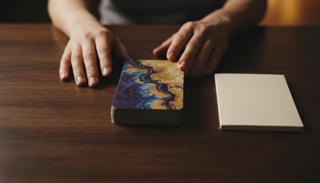 Close-up of two hands resting on a dark wooden table. A tarot deck with its back facing up (no visible face, no text, no symbols). A small blank notebook beside it. Soft warm light from above, shallow depth of field. No visible faces, no writing. Documentary photography, 16:9.photo